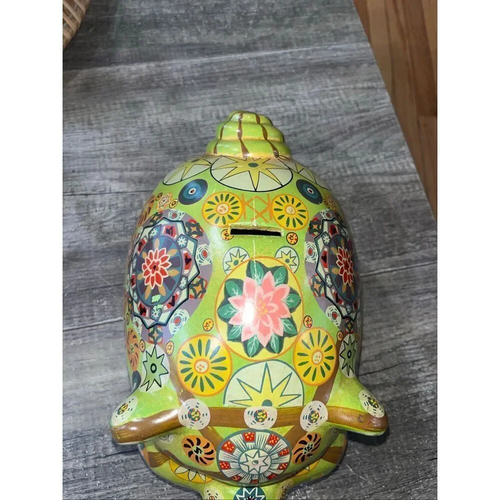 Vintage Folk Art Ceramic Mexican Pottery Piggy Bank Painted Old Retro Flowers 60